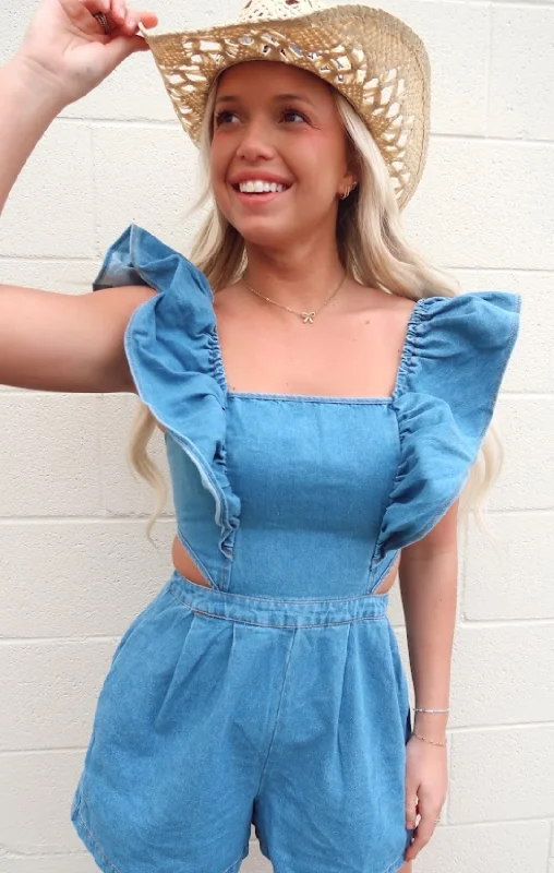 Price Rollback Ruffle Shoulder Denim Romper