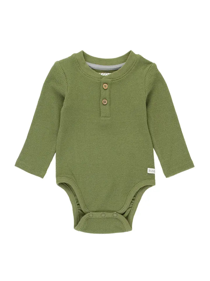 Final Markdown RuffleButts+RuggedButts: Dusty Olive Waffle Knit Henley Bodysuit