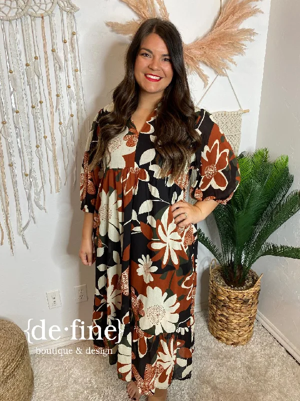 Unmissable Offer Rust and Black Floral Maxi Dress in Regular & Curvy