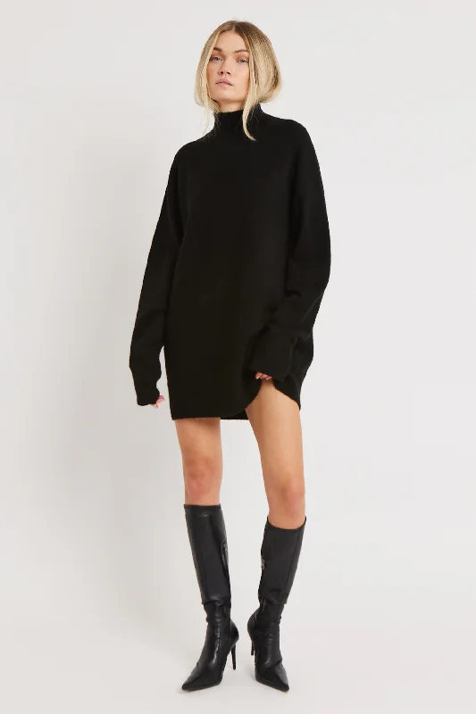 Steals and Deals Soft Brushed High Neck Jumper Dress - Black