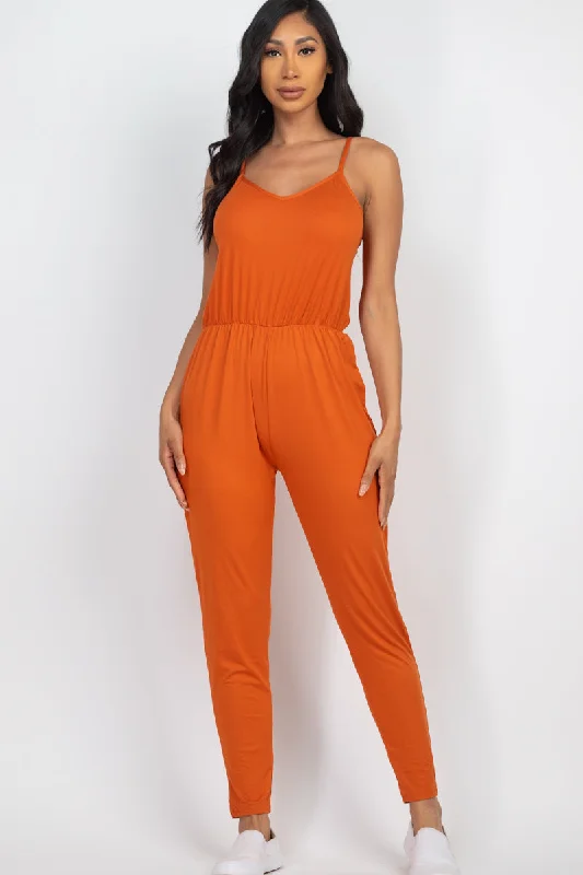Savings Galore Solid Color Jumpsuit with Spaghetti Straps and Elastic Waist
