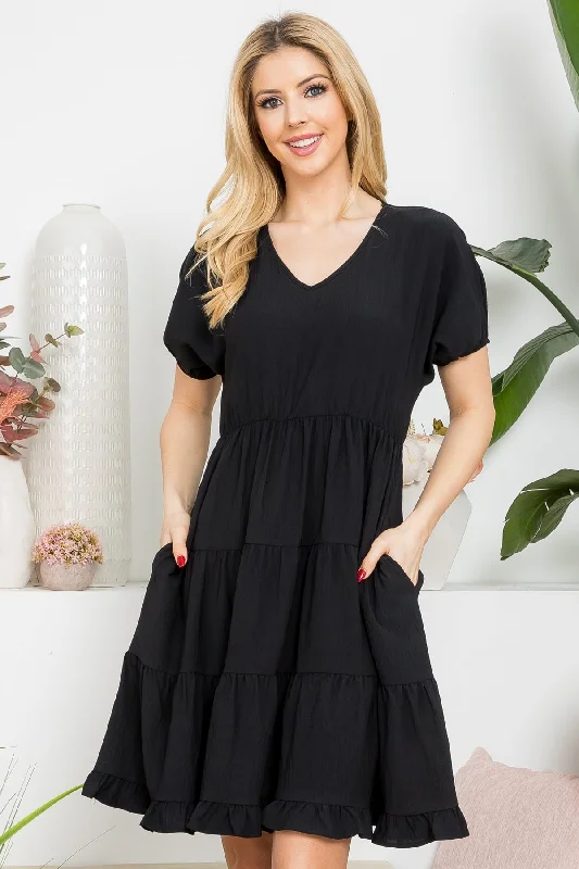 Super Sale Solid V Neck Tiered Dress- Black