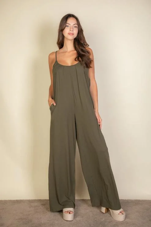 Discount Extravaganza Solid Wide-Leg Jumpsuit with Spaghetti Straps