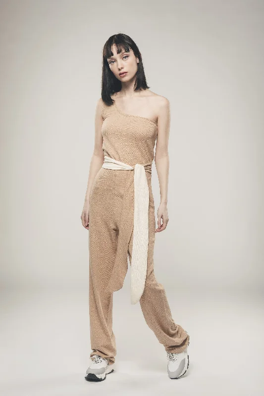 Don't Miss One Shoulder Jumpsuit in Light Brown