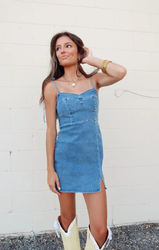 Savings Galore Sweetheart Tie Denim Dress