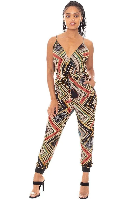 Discount Mania Boarder Print Wrap Drawstring Waist Jumpsuit