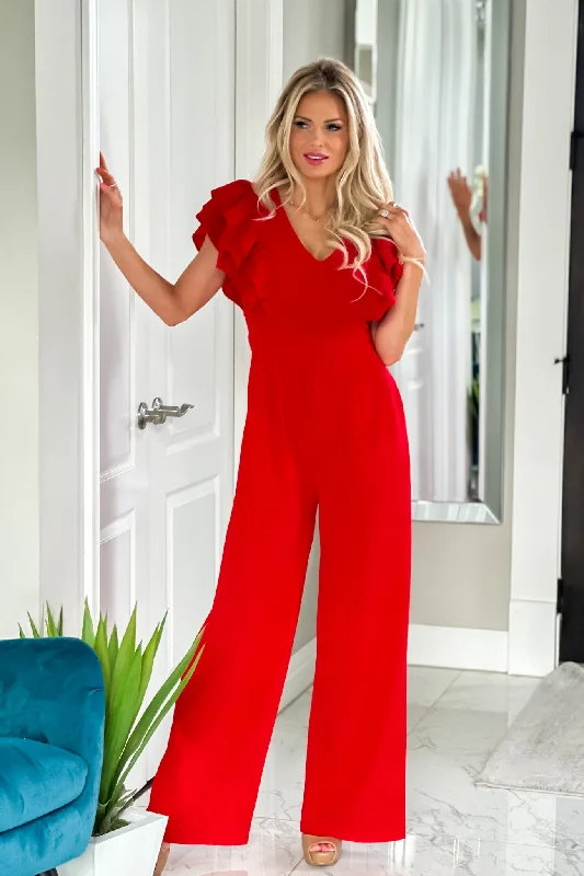 Price Cut Take Me Out V-Neck Ruffle Sleeve Jumpsuit - Scarlet