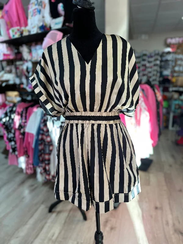 Sneak Peek Sale "Taupe & Black Striped" Silky Elastic Waistband Romper