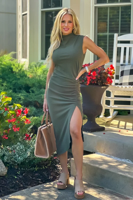 Stock Clearance Taylin Ruching Split Midi Dress : Olive