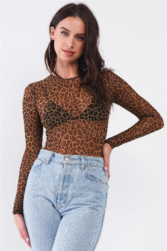 Low Prices Sexy Fine Fishnet Sheer Mesh Crew Neck Long Sleeve Bodysuit