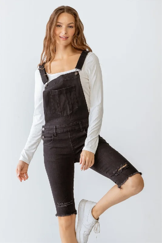 Instant Savings Black Denim Distressed Detail Raw Hem Cropped Bermuda Overall