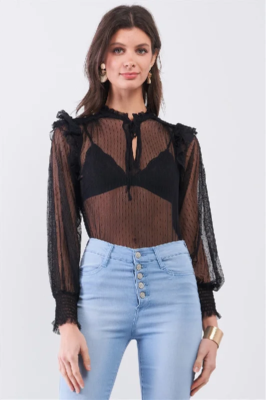 Buy Now Black Sheer Mesh Polka Dot Frill Trim Long Sleeve Bodysuit