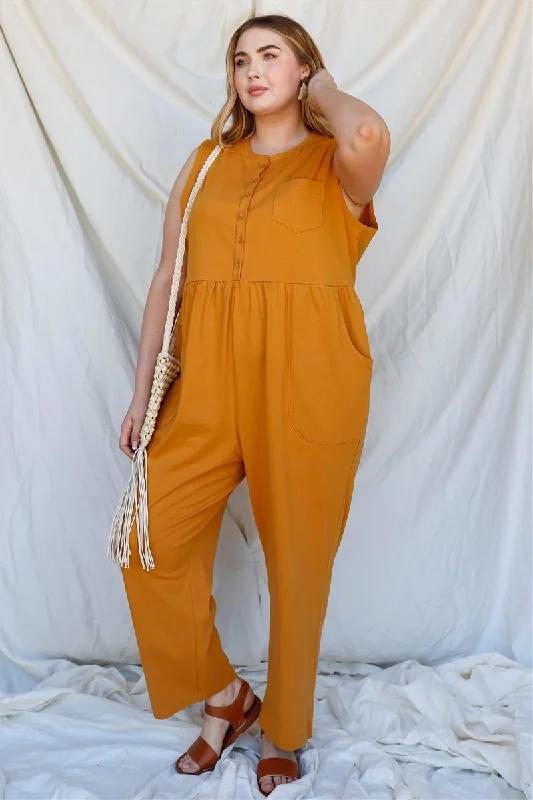Holiday Sale Plus Cotton Front Button Up Detail Sleeveless Jumpsuit