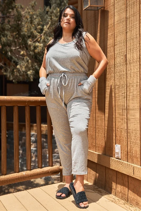 Deal Dash Plus Heather-grey Round Neck Sleeveless Tie Waist Jumpsuit
