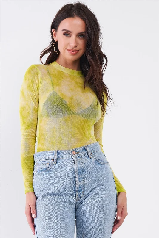 Incredible Offers Neon Green Sexy Sheer Mesh Long Sleeve Mock Neck Bodysuit
