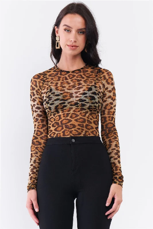 Exclusive Access Brown Leopard Print Sheer Mesh Crew Neck Long Sleeve Bodysuit