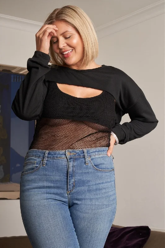 Weekend Deal Plus Black Raw Hem Long Sleeve Crop Overtop & Beach Net Sheer Bodysuit Two-piece Set Weekend Deal Plus Black Raw Hem Long Sleeve Crop Overtop & Beach Net Sheer Bodysuit Two-piece Set