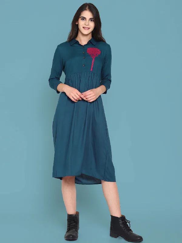 Savings Galore Blue Shirt Dress With Embroidered Tree Motif