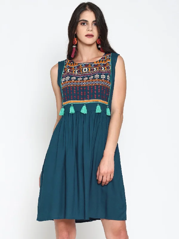 Shop and Save Teal Skater Dress With Embroidered Yoke