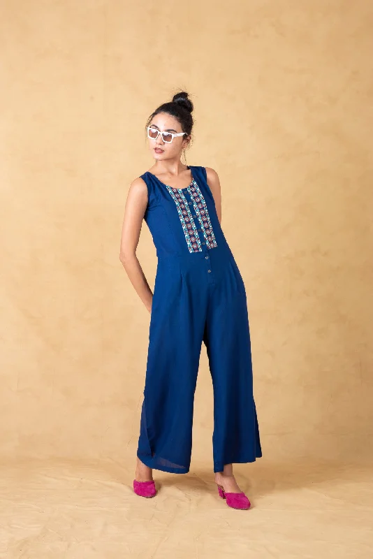 Unmissable Offer Blue Front Open Jumpsuit With Embroidery