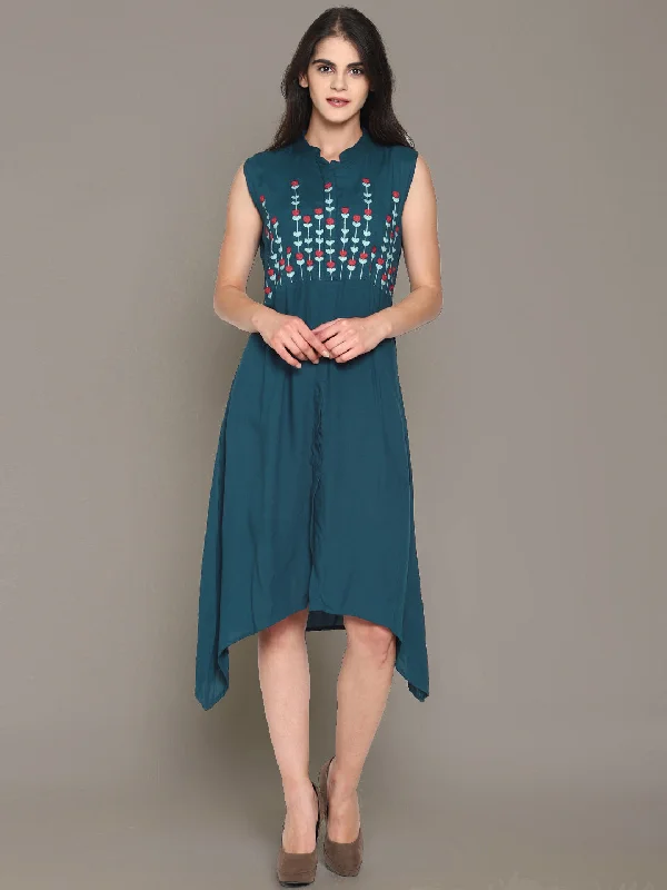 The Best Prices Blue Embroidered Front Open Shirt Dress