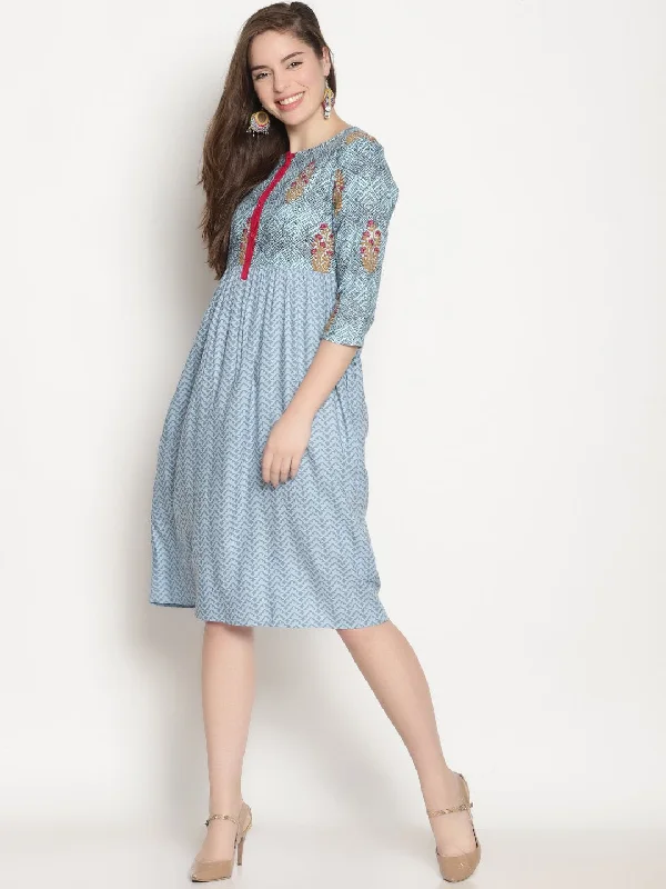 Price Cut Blue Printed Dress