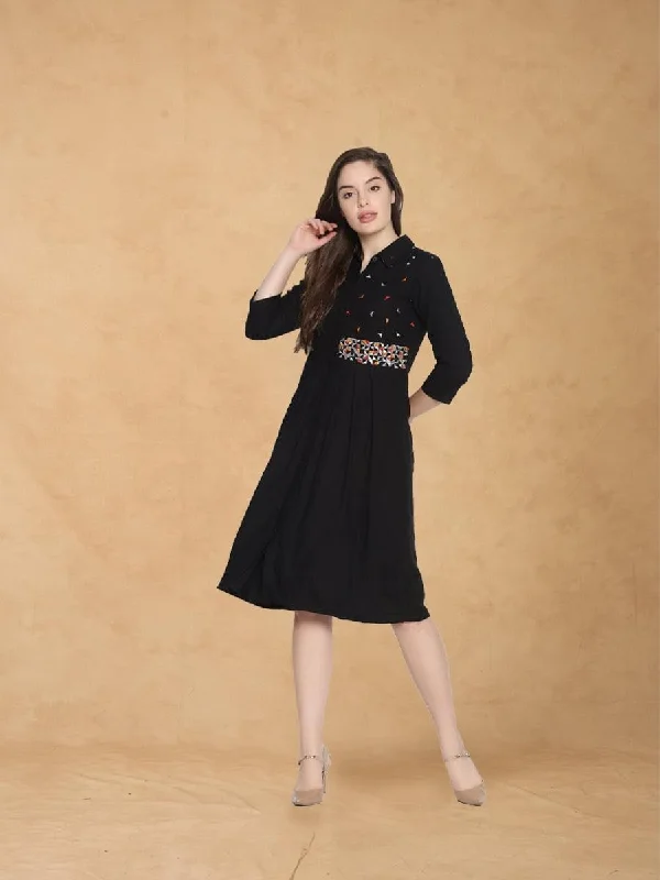 Price Rollback Black Embroidered Shirt Dress