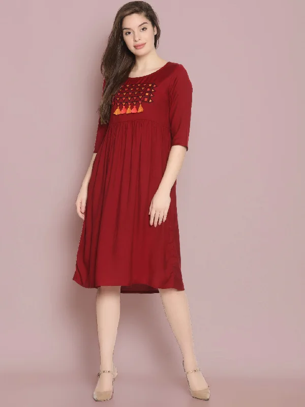 Quick Sale Maroon Embroidered Shift Dress