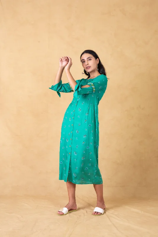Fantastic Offers Mint Printed Dress With Embroidered Sleeves