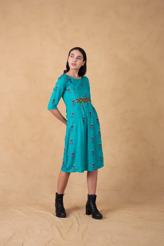 Deep Discounts Turquoise Printed Dress With Aztec Embroidery