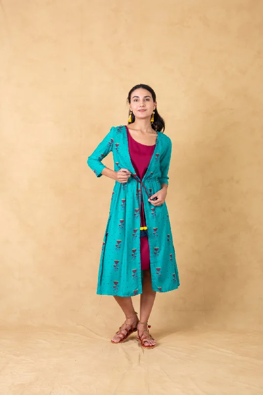 Crazy Deals Turquoise Printed Jacket Dress With Tie Ups