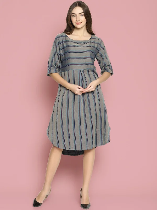 Early Access Grey Striped Dress With Curved Hemline