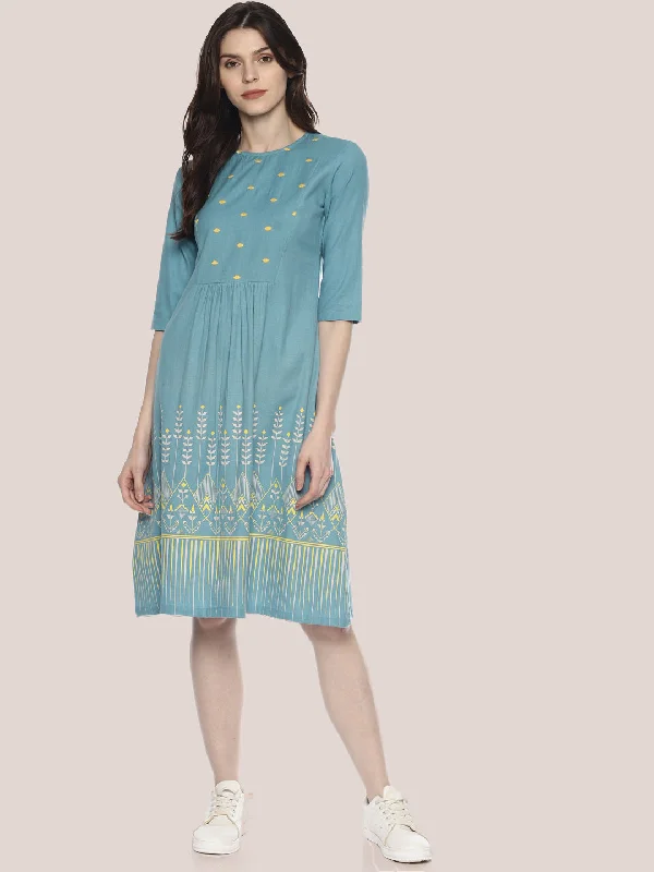 Bonus Savings Light Blue Embroidered Dress With Border Print