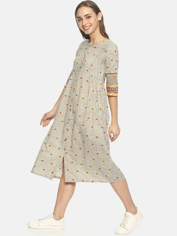 Act Fast Off White Block Printed Front Open Dress