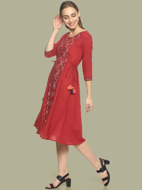 Mega Sale Red Printed A-line Dress With Waist Tie-up