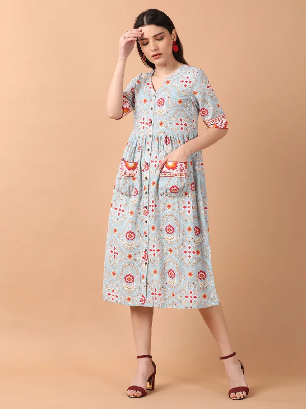 Limited Time Light Blue Printed Front Open Dress With Patch Pockets