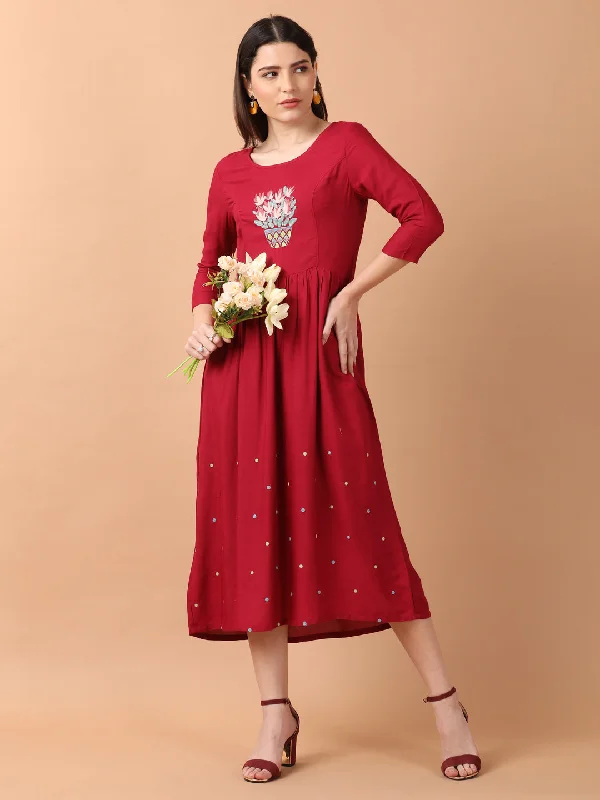 Final Sale Maroon Gathered Dress With Embroidered Yoke
