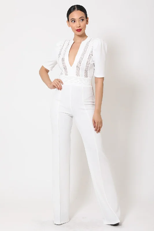 Factory Direct Sale Deep V-neck Crochet Bodice Jumpsuit