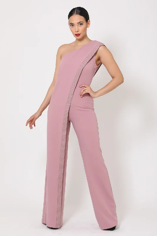 Extra Savings One Shoulder Greek Border Pattern Jumpsuit