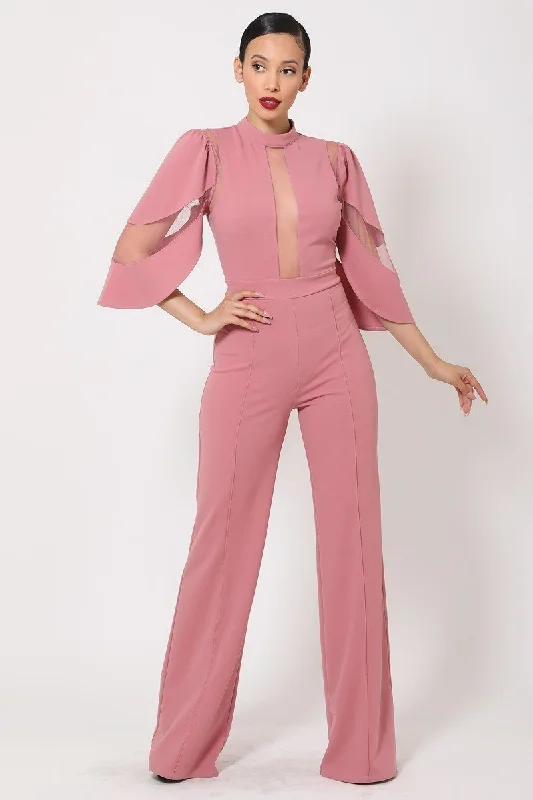 Act Fast Semi Sheer Mesh Contrast Bodice Jumpsuit