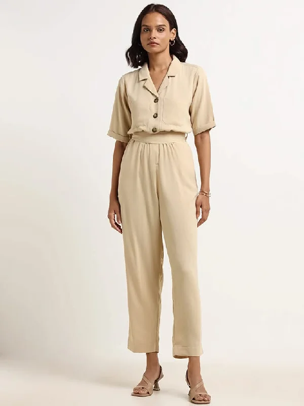 Buy Now Wardrobe Beige Button-Down Jumpsuit with Belt