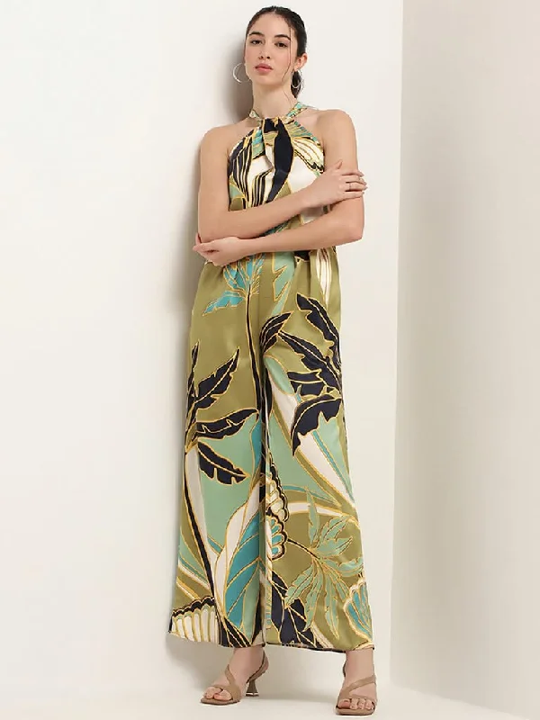 Deal Dash Wardrobe Green Printed Halter Neck Jumpsuit