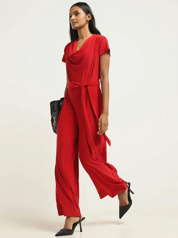 Deal Mania Wardrobe Red Cowl Neck Jumpsuit with Belt