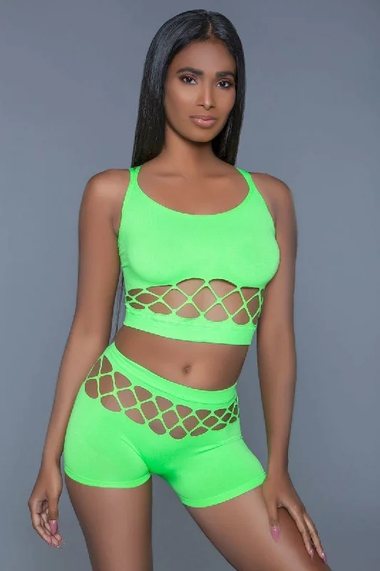 Seasonal Clearance 2 pc silk fishnet set that includes a tank crop top with criss-cross cami straps and a pair of high waisted booty shorts. Seasonal Clearance 2 pc silk fishnet set that includes a tank crop top with criss-cross cami straps and a pair of high waisted booty shorts.