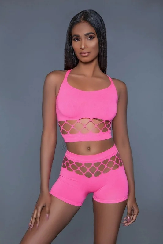 Special Discount 2 pc silk fishnet set that includes a tank crop top with criss-cross cami straps and a pair of high waisted booty shorts Special Discount 2 pc silk fishnet set that includes a tank crop top with criss-cross cami straps and a pair of high waisted booty shorts