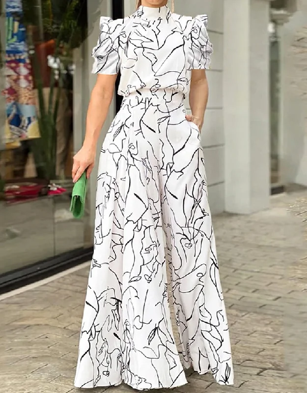 Price Slash Women Jumpsuit Loose Fashion Elegant Long Pants Short Sleeve Halterneck Art Print Sets High Streetwear For Women Price Slash Women Jumpsuit Loose Fashion Elegant Long Pants Short Sleeve Halterneck Art Print Sets High Streetwear For Women